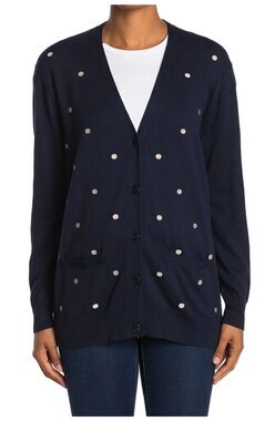 J.Crew Small Cardigan Polka Dot Navy Blue Cotton Rack Boyfriend Knit V-Neck